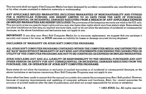 Atarisoft Warranty Card - Back