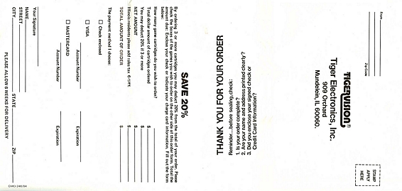 1984 Tigervision Cartridge Catalog Back
